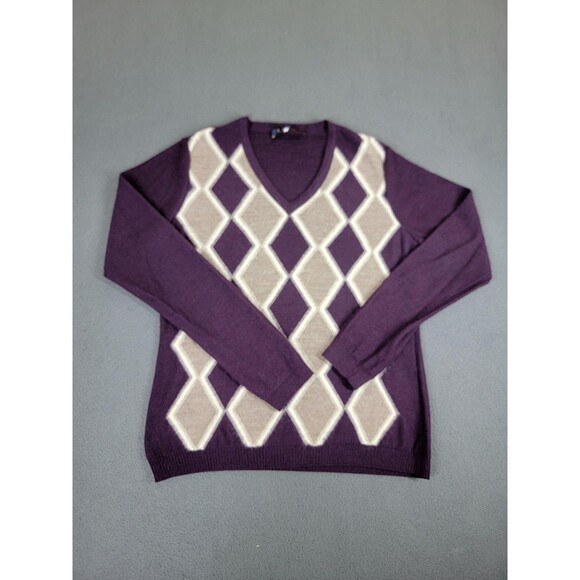 Brooks Brothers Sweater Womens Medium Purple Argyle Alpaca Wool Pullover V Neck - Picture 1 of 11